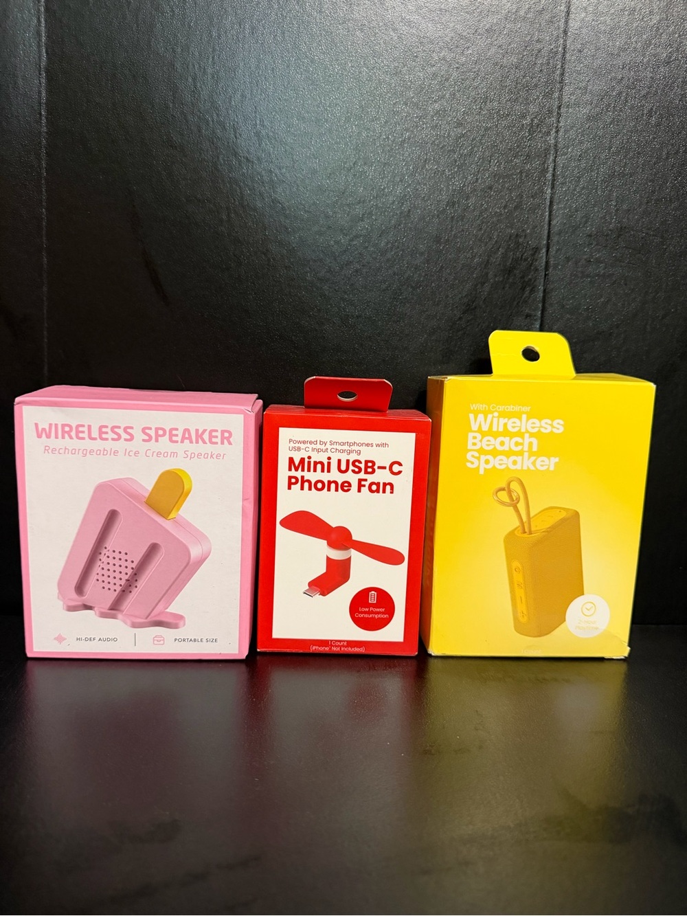 NIB 3pc Tech Bundle Wireless Beach Speaker Ice Cream Speaker USB-C Phone Fan